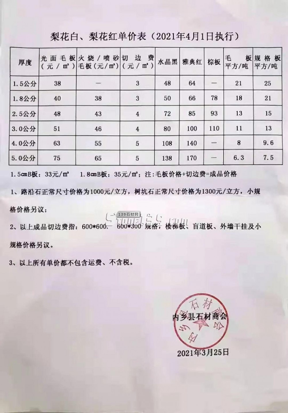 梨花白、梨花紅、染色板等內鄉花崗巖產品2021年4月1日執行價格表單