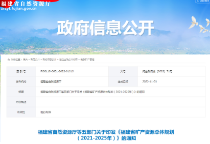 福建省5部門聯(lián)合發(fā)布新一輪礦產(chǎn)資源規(guī)劃